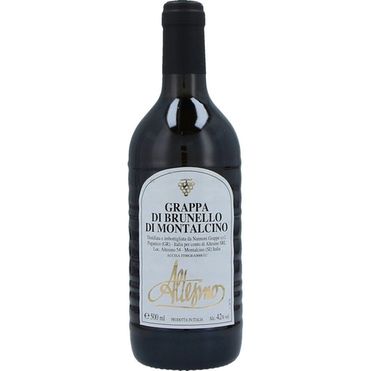Copo de destilado Brunello Altesino Grappa, destilados de alta qualidade, com rótulo e embalagem elegante.