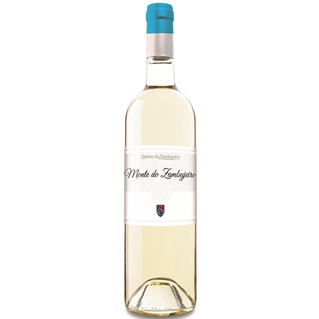 Taça de vinho branco Monte do Zambujeiro Branco da marca Zambugeiro, com garrafa ao fundo em ambiente elegante