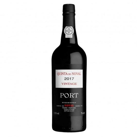 Vinho do Porto Quinta do Noval Vintage 2017 na garrafa, com rótulo elegante e detalhes do produto em fundo neutro
