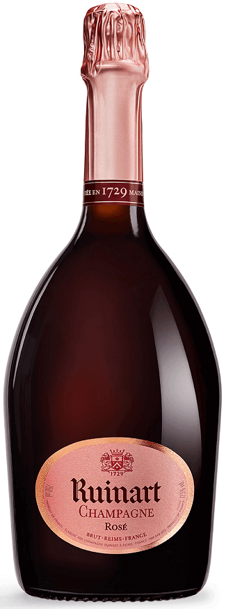 Taça de champagne Ruinart Rosé com garrafa de champanhe rosé Ruinart ao fundo, destaque para o rótulo da marca.