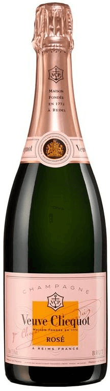 Taça de champagne Veuve Clicquot Rosé com garrafa de Veuve Clicquot Rosé Brut ao fundo, destaque para rótulo e cor vibrante do vinho rosé.