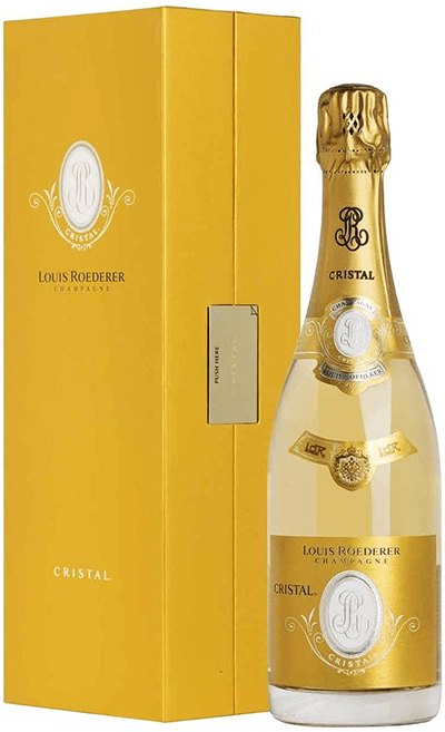 Taça de champagne Louis Roederer Cristal Brut, garrafa de champanhe Louis Roederer, vinho espumante cristalino e elegante
