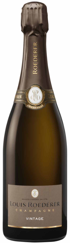 Taça de champagne Louis Roederer Vintage Brut 2016, com garrafa de Louis Roederer ao fundo, em ambiente elegante.