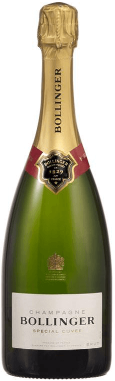 Taça de champagne Bollinger Special Cuvée Brut com garrafa elegante de champagne Bollinger, destaque para rótulo e borbulhas finas.
