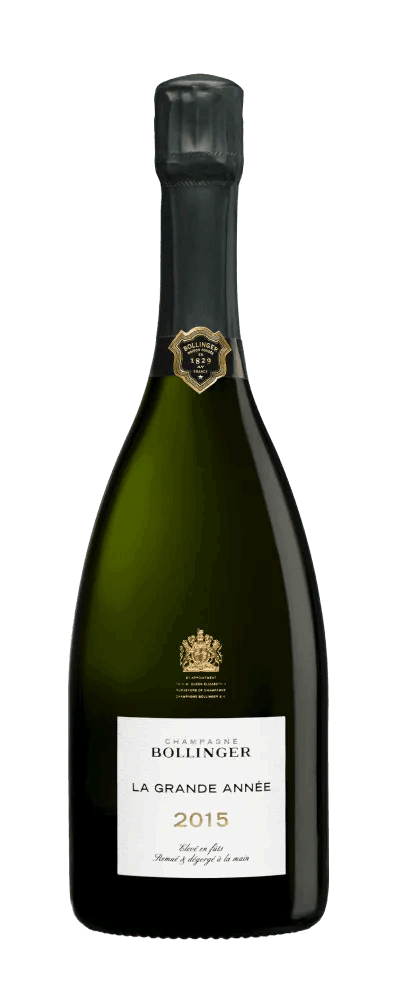Taça de champagne Bollinger Grande Anne Brut com garrafa de Bollinger, champagne espumante elegante e sofisticado.