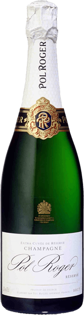 Taça de champagne Pol Roger Brut, vinho espumante de reserva com garrafa elegante e rótulo clássico.
