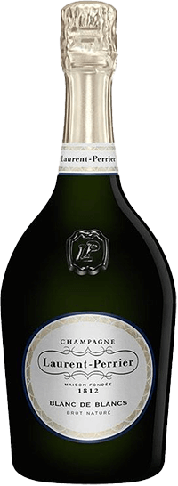 Taça de champagne Laurent Perrier Blanc de Blancs Brut Nature, garrafa de Laurent Perrier com rótulo e detalhes de embalagem