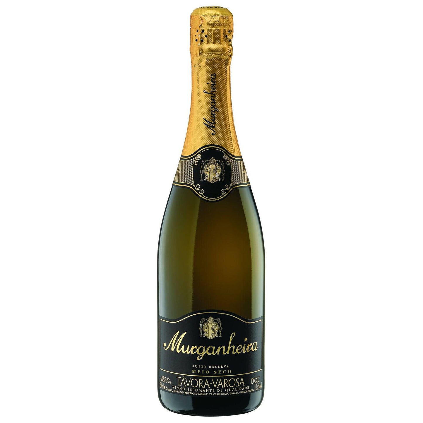 Espumante Murganheira Super Reserva Meio Seco, garrafa elegante com rótulo dourado, pronta para celebração.