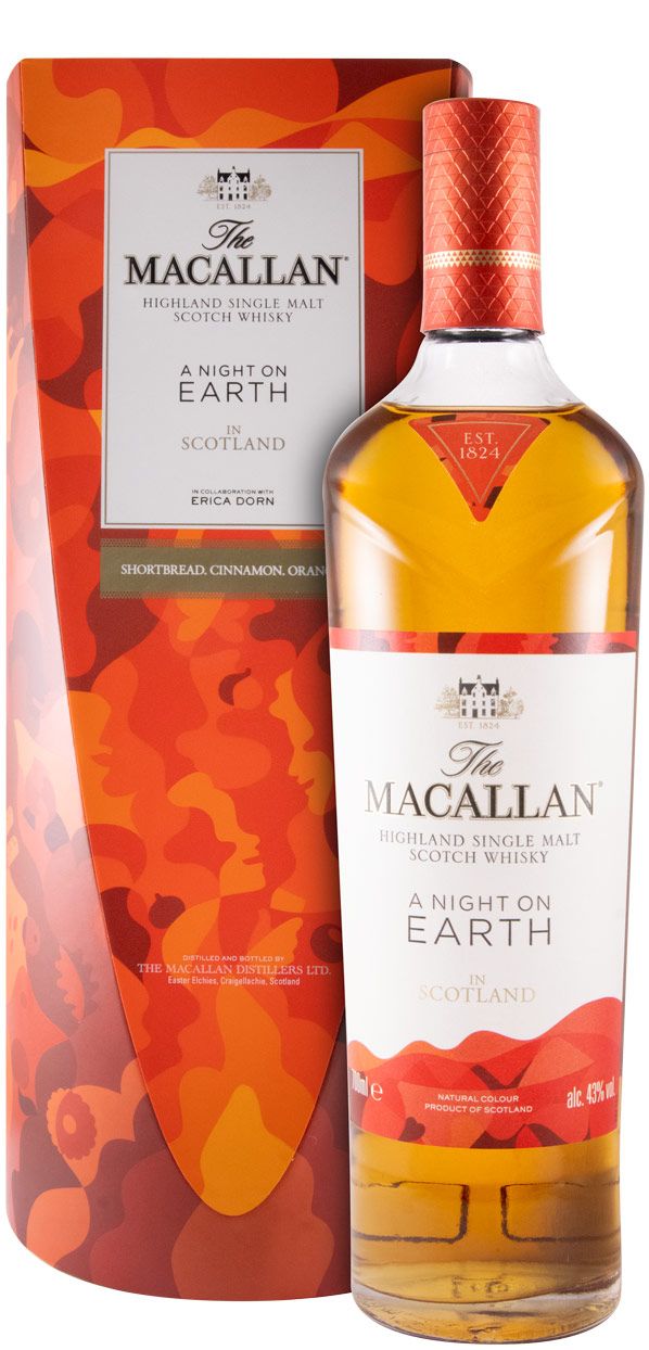 Copo de destilado Macallan Macalla Nigh on Earth, bebida alcoólica de destilados, com rótulo e tampa em destaque.