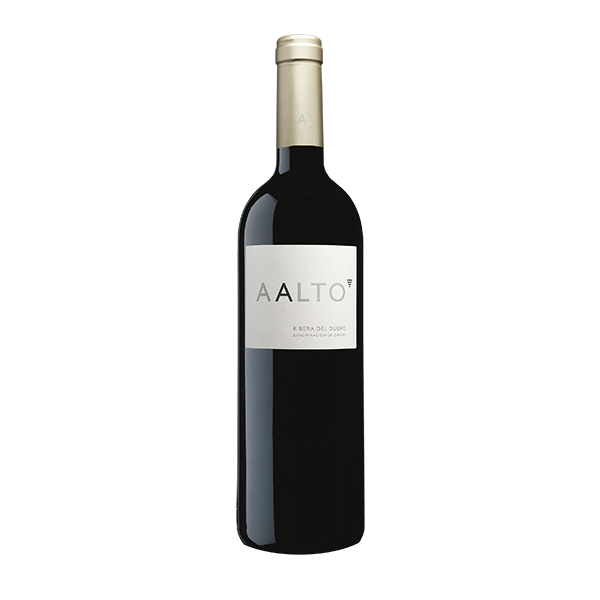 Taça de vinho tinto com garrafa de vinho Aalto Vinhos do Mundo, rótulo visível, fundo neutro.
