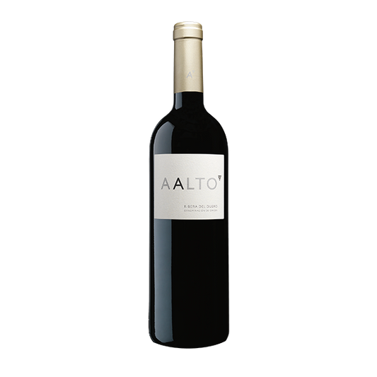Taça de vinho tinto com garrafa de vinho Aalto Vinhos do Mundo, rótulo visível, fundo neutro.