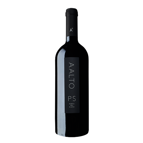 Vinho Aalto A. Altos PS, garrafa de vinho do mundo, rótulo elegante com detalhes em dourado e fundo preto, em taça de vinho.