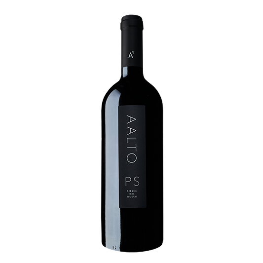 Vinho Aalto A. Altos PS, garrafa de vinho do mundo, rótulo elegante com detalhes em dourado e fundo preto, em taça de vinho.