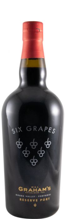 Vinho do Porto Graham’s Six Grapes da Symington, garrafa de vidro com rótulo colorido e cápsula dourada, em fundo neutro.