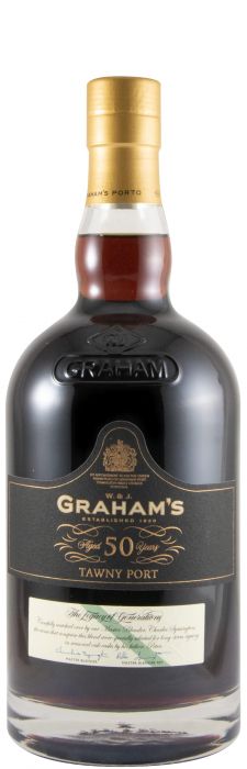 Garrafa de Vinho do Porto Graham's Tawny 50 Anos da Symington Family Estates, com rótulo dourado e embalagem elegante.