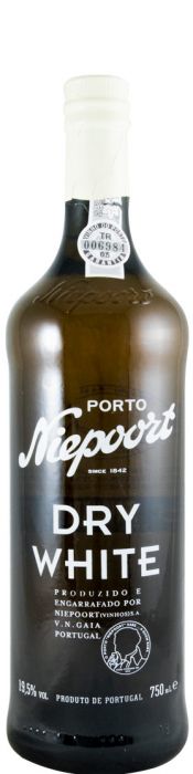 Taça de vinho branco do Porto Niepoort Dry White, com garrafa de vinho ao fundo, destacando rótulo e copo transparente.