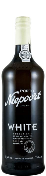 Vinho do Porto Niepoort White na taça, com garrafa ao fundo, destacando a cor clara e brilhante do vinho branco.