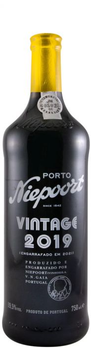 Vinho do Porto Niepoort Vintage 2019 na garrafa, com rótulo elegante e tonalidades rubi profundas.