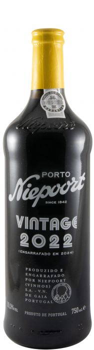 Taça de vinho do Porto Niepoort Vintage 2022 em garrafa escura, destacando o rótulo e a cor do vinho escuro no interior.