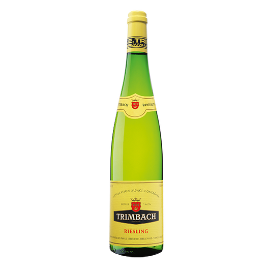 Garrafa de vinho Trimbach Riesling, vinho branco do mundo, com rótulo elegante e garrafa de vidro transparente.