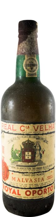 Vinho do Porto Malvasia da Real Companhia Velha, garrafa de vidro com rótulo elegante e tampa de metal, vista frontal.