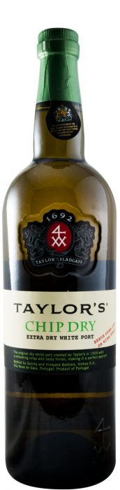 Vinho do Porto Taylor's Chip Dry, garrafa de Taylor's com rótulo branco e dourado, destaque para o rótulo na imagem.
