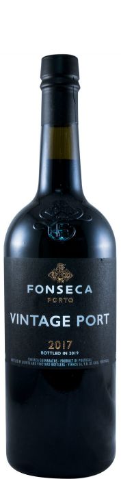 Taça de vinho do Porto Fonseca Vintage 2017, garrafa elegante do vinho Fonseca, destaque para rótulo vintage e cor rubi escura.
