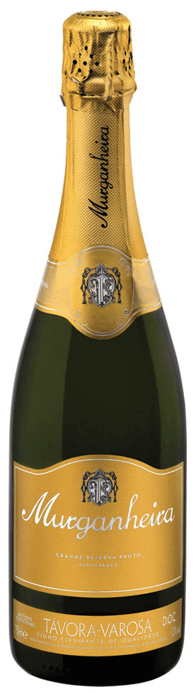 Espumante Murganheira Grande Reserva com garrafa elegante, destaque para o rótulo e o líquido dourado no vidro.