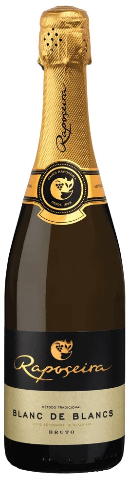 Espumante Raposeira Super Reserva Blanc Blanc, garrafa de espumante branco brut com rótulo azul e detalhes dourados.
