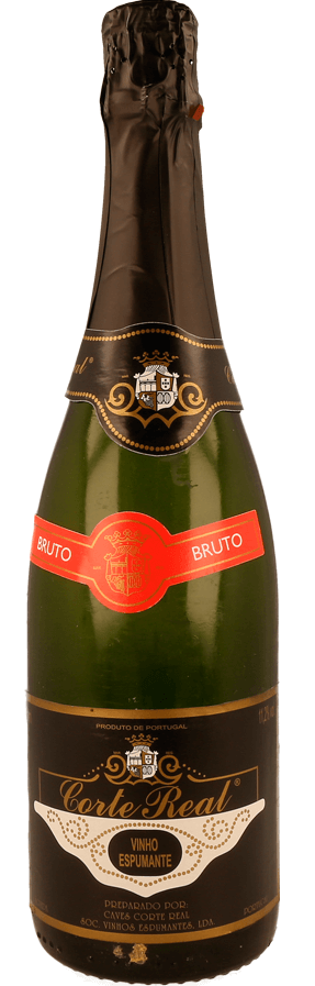 Espumante Corte Real Bruto na taça, com espumas e bolhas visíveis, pronto para servir.