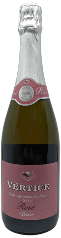 Espumante Vértice Rosé, garrafa de espumante com rótulo rosa e detalhes dourados, em taça de vidro.