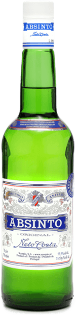 Licor Absinto da marca Caves da Montanha, garrafa de vidro com rótulo detalhado, destaque para a bebida alcoólica verde claro.