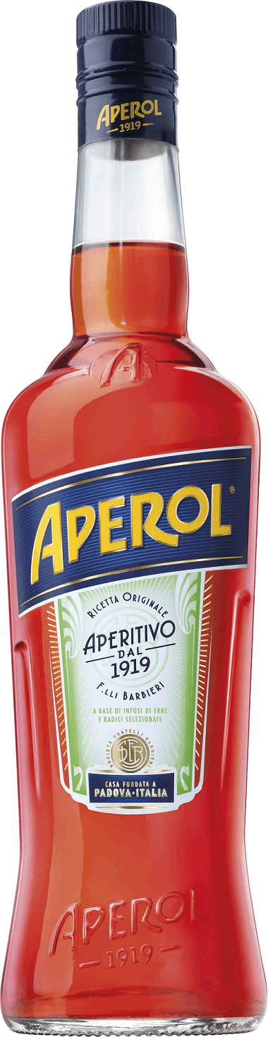 Aperitivo Aperol em garrafa, sabor vibrante de laranja e ervas, ideal para drinks refrescantes.