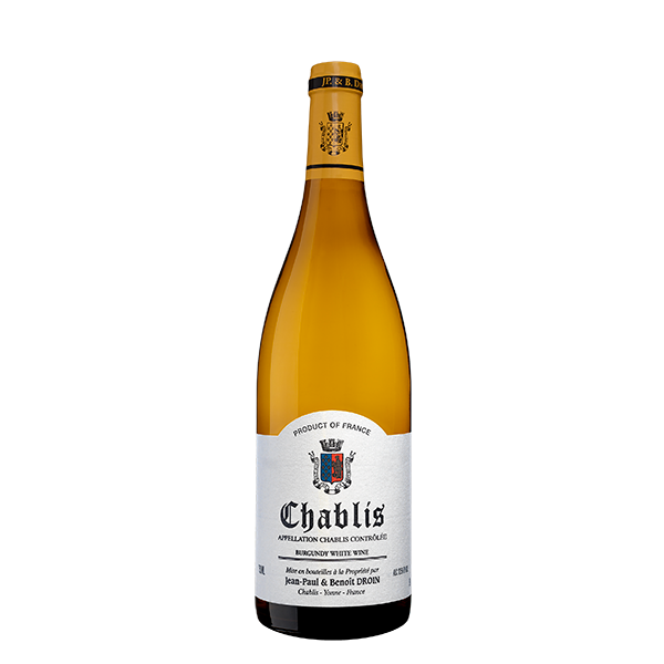 Taça de vinho branco com garrafa de Jean-Paul & Benoît Droin Chablis, vinho branco francês do mundo.