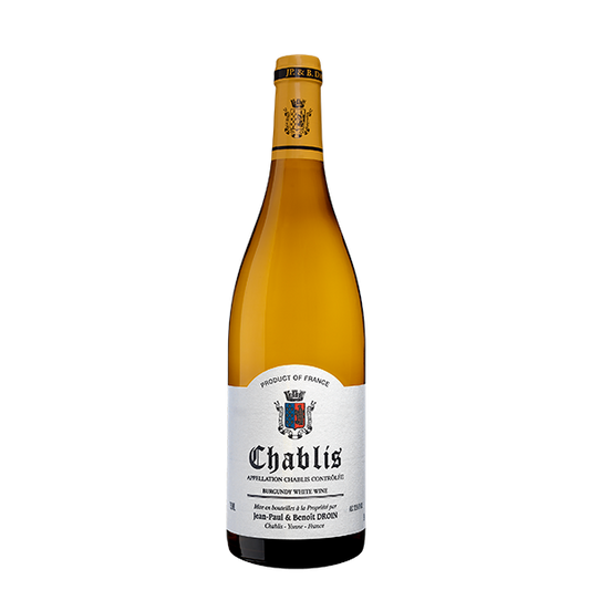 Taça de vinho branco com garrafa de Jean-Paul & Benoît Droin Chablis, vinho branco francês do mundo.