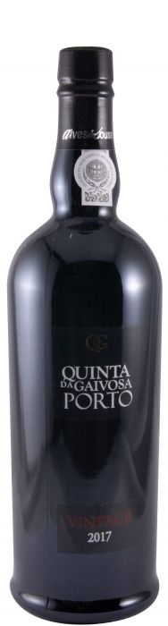 Taça de vinho do Porto Quinta da Gaivosa Vintage 2017, vinho tinto envelhecido, na garrafa com rótulo detalhado.