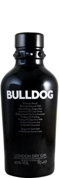 Garrafa de Gin Bulldog da Bulldog Gin Company, destilado em garrafa de vidro com rótulo colorido, vista frontal.