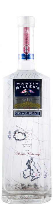 Gin Martin Miller's Arctic Clarity em garrafa de destilados, com rótulo branco e detalhes azuis.