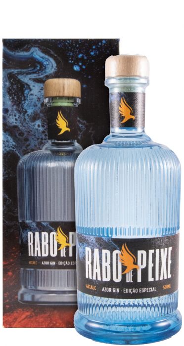Garrafa de Gin Azor Edição Rabo de Peixe da DF Destilaria, destilado de alta qualidade com rótulo detalhado e tampo de metal