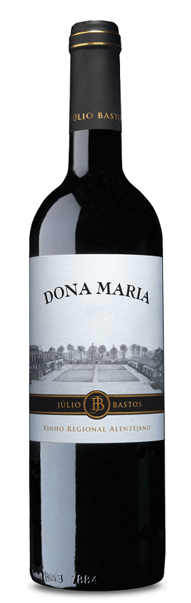 Taça de vinho tinto Dona Maria Tinto 2020, com garrafa e rótulo visíveis, destacando a marca Dona Maria Vinhos.