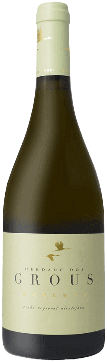 Vinho branco Herdade dos Grous Reserva Branco, garrafa de vinho com rótulo elegante, em ambiente bem iluminado.