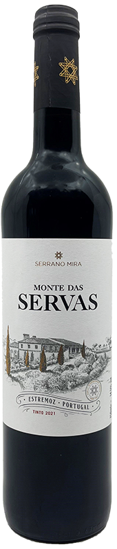 Taça de vinho Tinto Monte das Servas, Herdade das Servas, copo cheio de vinho tinto de qualidade na garrafa.