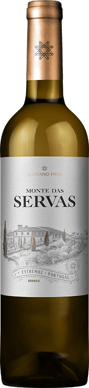 Vinho Monte das Servas Branco da Herdade das Servas, garrafa de vinho branco com rótulo elegante, em fundo neutro.