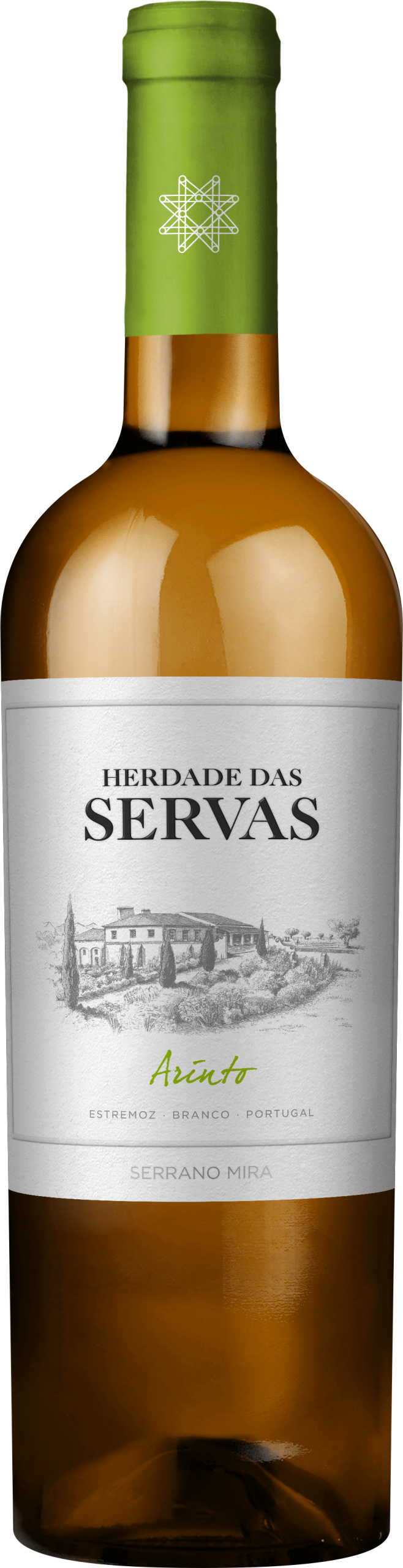 Vinho branco Herdade das Servas Arinto Branco na garrafa, destaque na imagem, com rótulo detalhado e aparência cristalina.