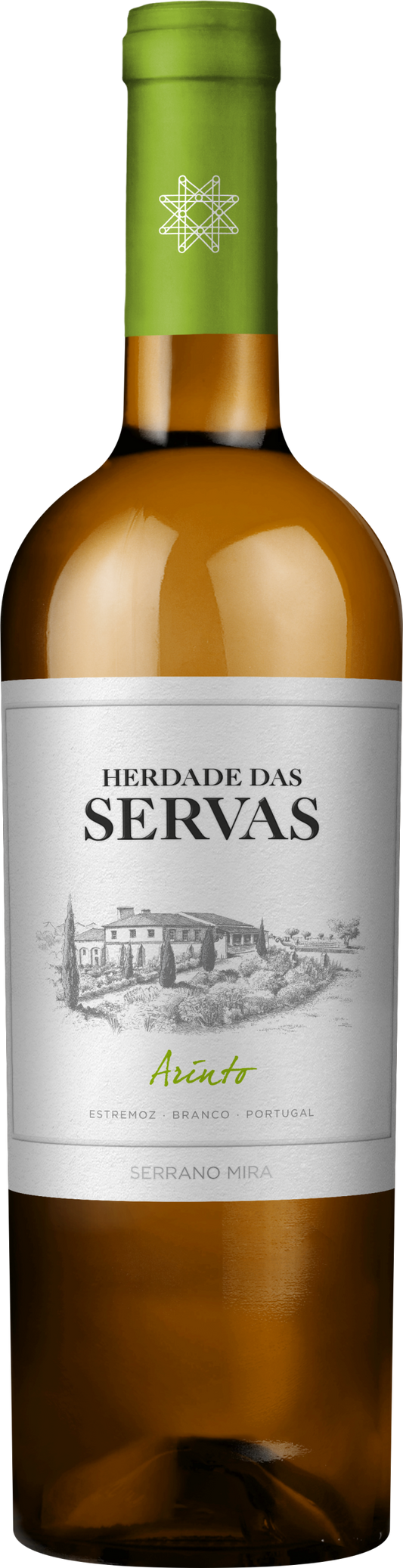 Vinho branco Herdade das Servas Arinto Branco na garrafa, destaque na imagem, com rótulo detalhado e aparência cristalina.