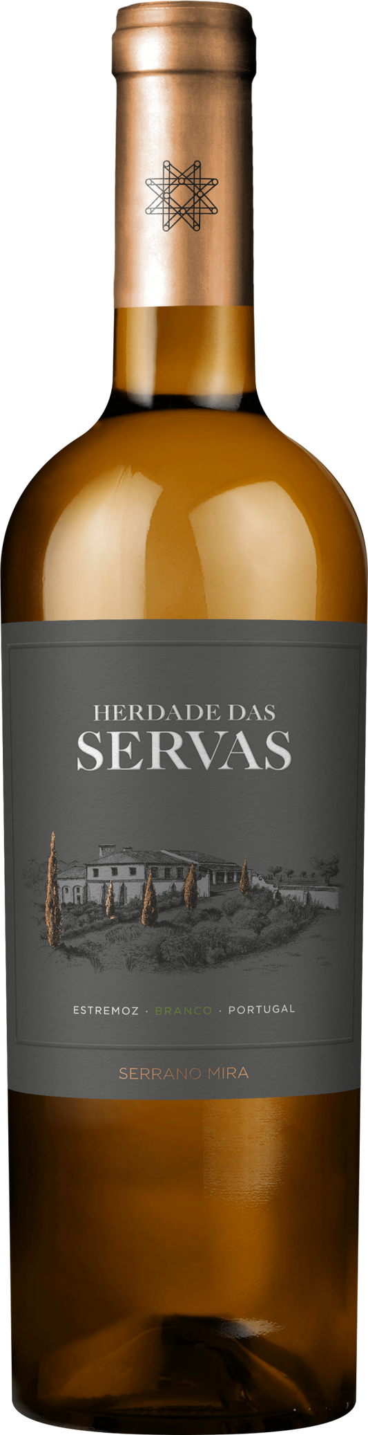 Vinho branco Herdade das Servas Colheita Selecionada, garrafa com rótulo elegante, destaque na imagem.