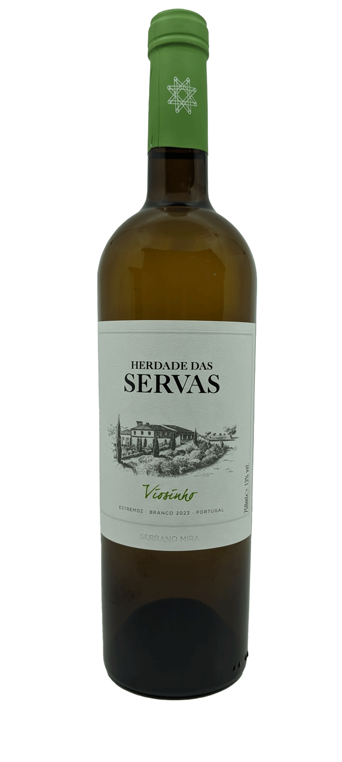 Vinho branco Herdade das Servas Viosinho de 2024, garrafa com rótulo elegante, destacando-se em uma mesa de madeira.