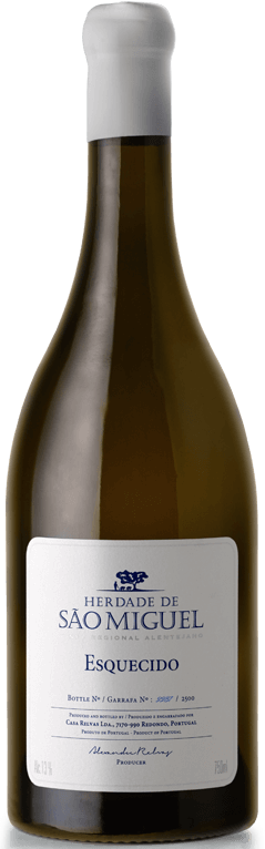 Vinho branco Herdade São Miguel Esquecido Arinto 2023 da Casa Relvas, garrafa de vinho com rótulo elegante e detalhes em destaque.