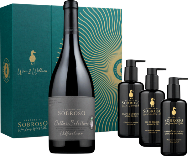 Conjunto de vinhos Herdade do Sobroso Cellar, incluindo garrafas de vinho e produtos de bem-estar, em embalagem elegante.