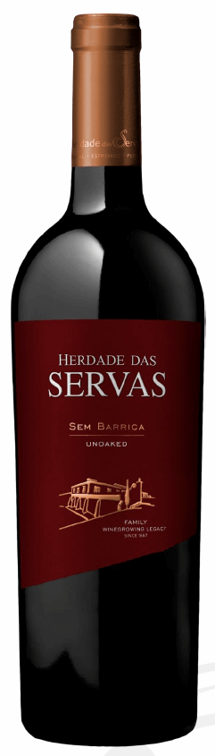 Taça de vinho tinto Herdade das Servas Sem Barrica, garrafa de vinho tinto de 2021 da marca Herdade das Servas